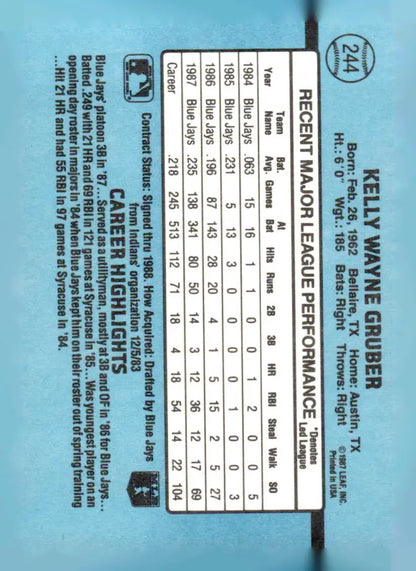 Baseball trading card featuring Kelly Gruber 244c Kelly Donruss 1988 #244c Kelly Gruber