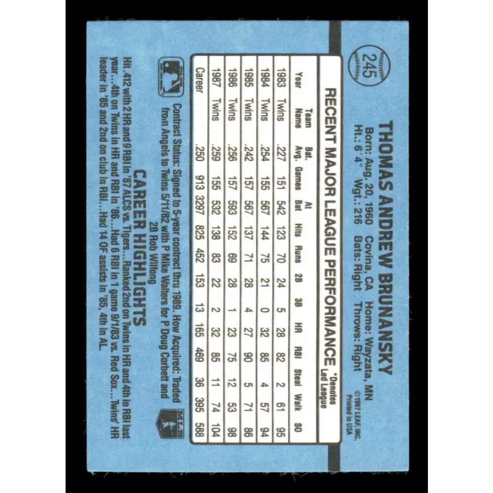 1988 Donruss #245 Tom Brunansky EX Minnesota Twins Baseball Card Image 2
