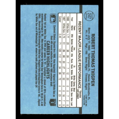 1988 Donruss #247 Bobby Thigpen EX Chicago White Sox Baseball Card Image 2