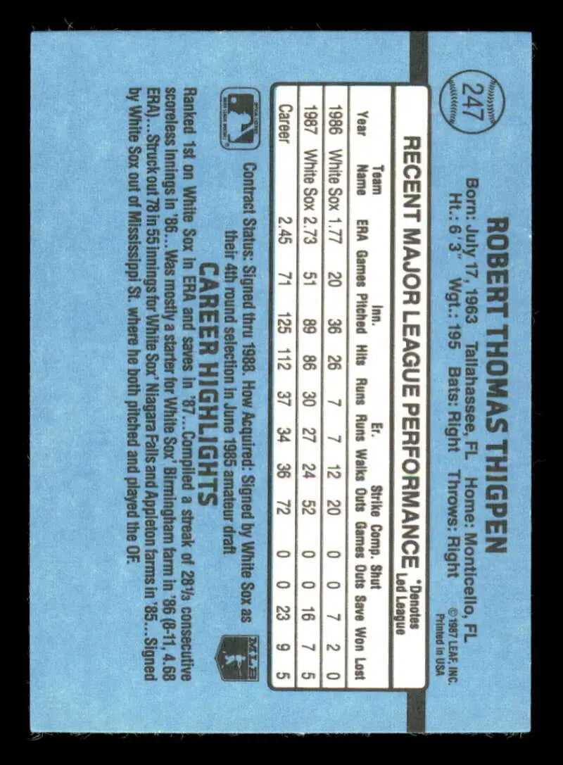 1988 Donruss #247 Bobby Thigpen NM-MT Chicago White Sox Baseball Card - Baseball Card Single