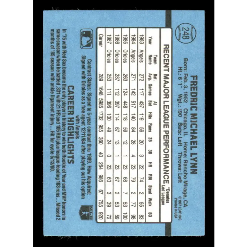 1988 Donruss #248 Fred Lynn EX Baltimore Orioles Baseball Card - Baseball Card Single