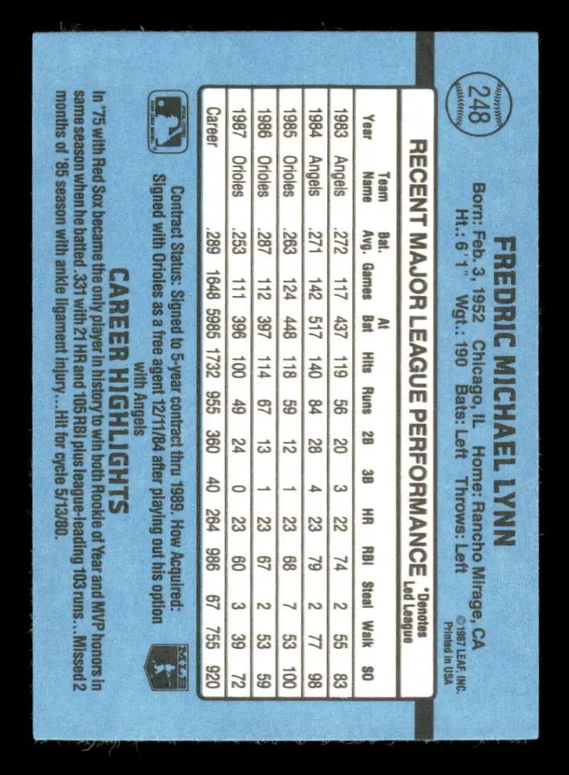 1988 Donruss #248 Fred Lynn NM-MT Baltimore Orioles Baseball Card - Baseball Card Single