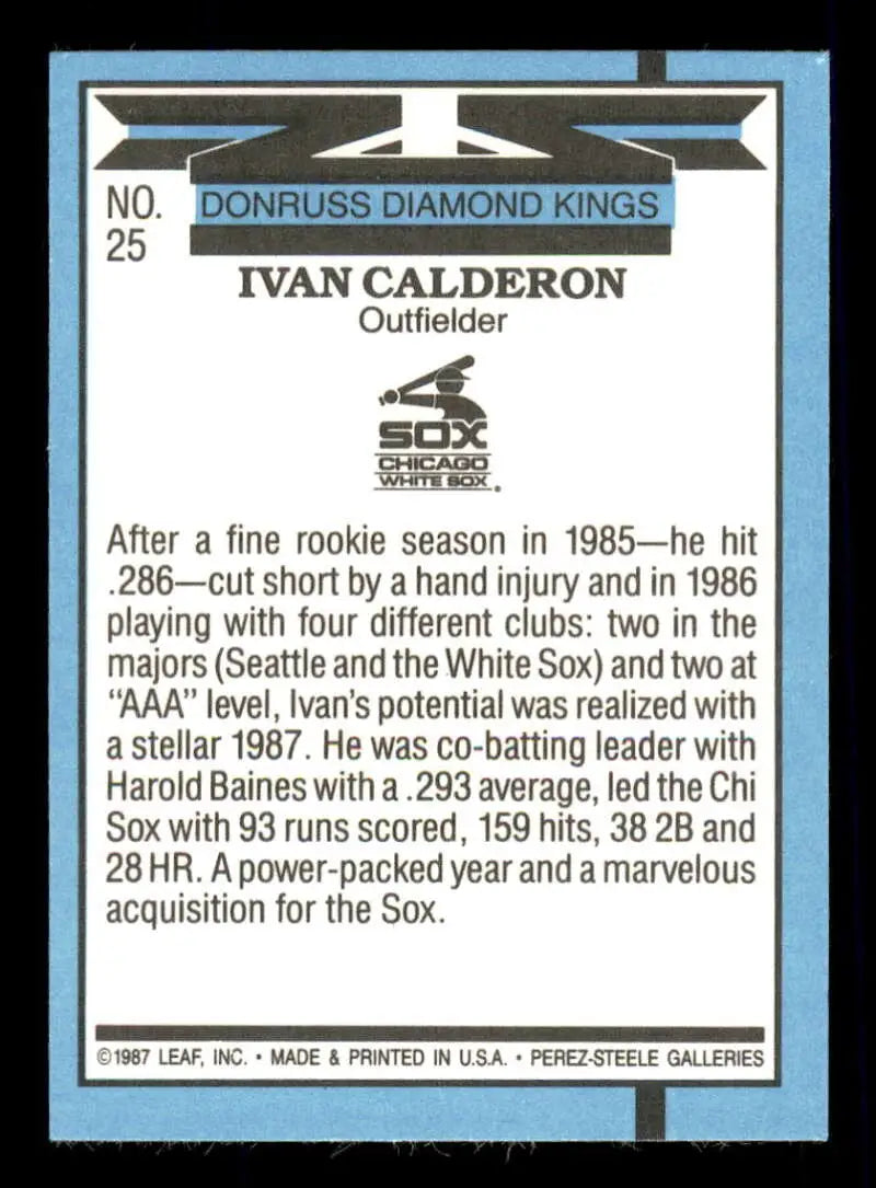 1988 Donruss #25 Ivan Calderon NM-MT Chicago White Sox Baseball Card - Baseball Card Single