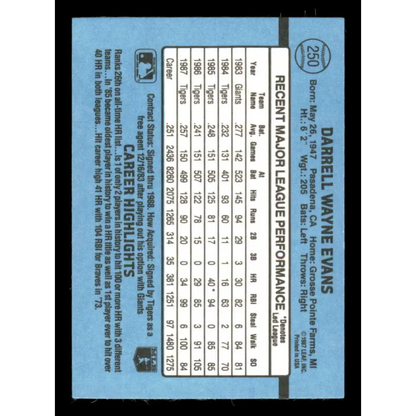 1988 Donruss #250 Darrell Evans EX Detroit Tigers Baseball Card Image 2