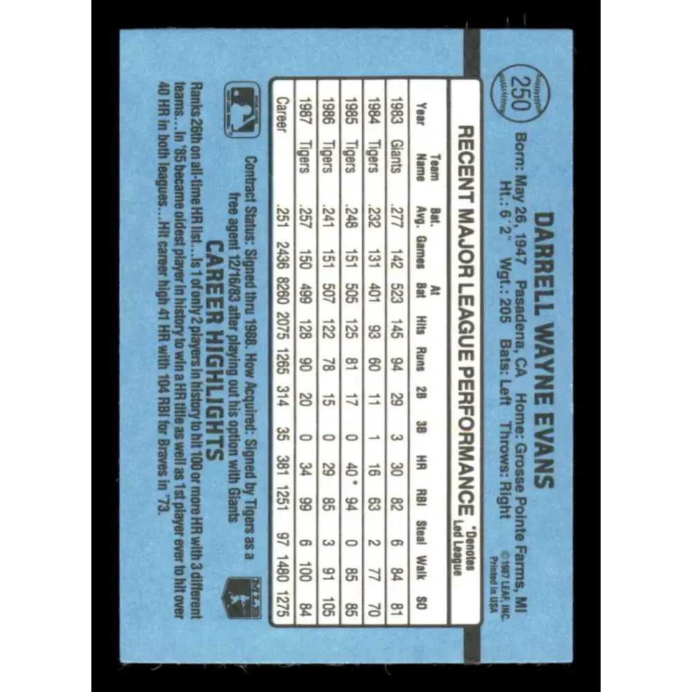 1988 Donruss #250 Darrell Evans EX Detroit Tigers Baseball Card - Baseball Card Single