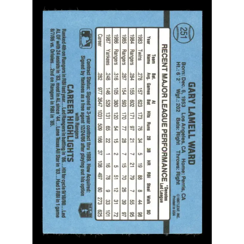 1988 Donruss #251 Gary Ward EX New York Yankees Baseball Card - Baseball Card Single