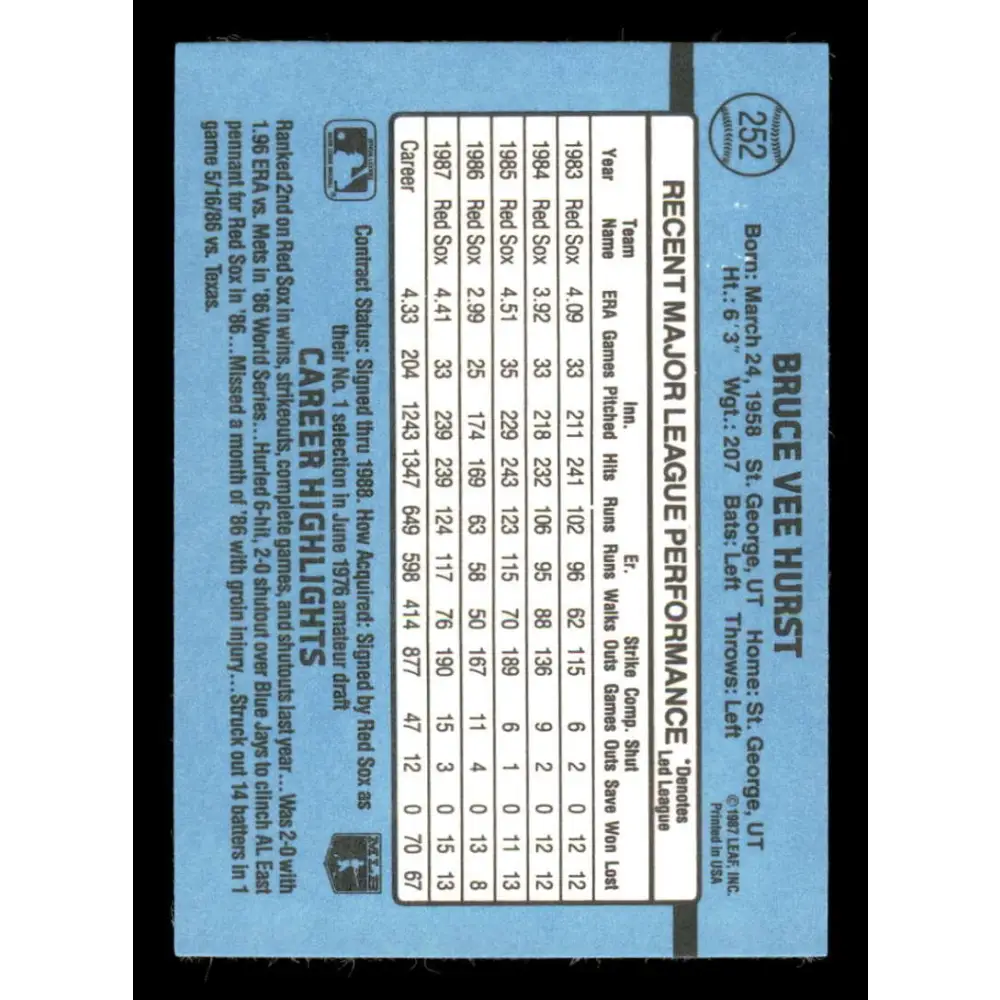 1988 Donruss #252 Bruce Hurst EX Boston Red Sox Baseball Card Image 2