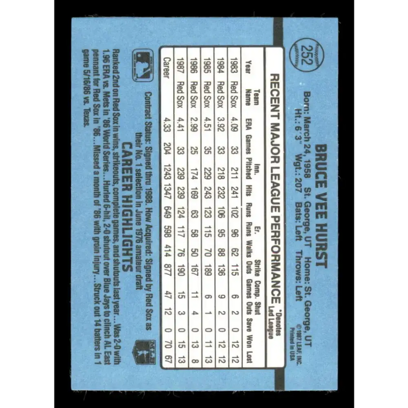 1988 Donruss #252 Bruce Hurst EX Boston Red Sox Baseball Card - Baseball Card Single
