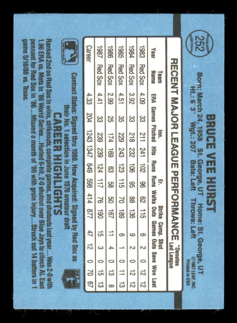 1988 Donruss #252 Bruce Hurst NM-MT Boston Red Sox Baseball Card - Baseball Card Single