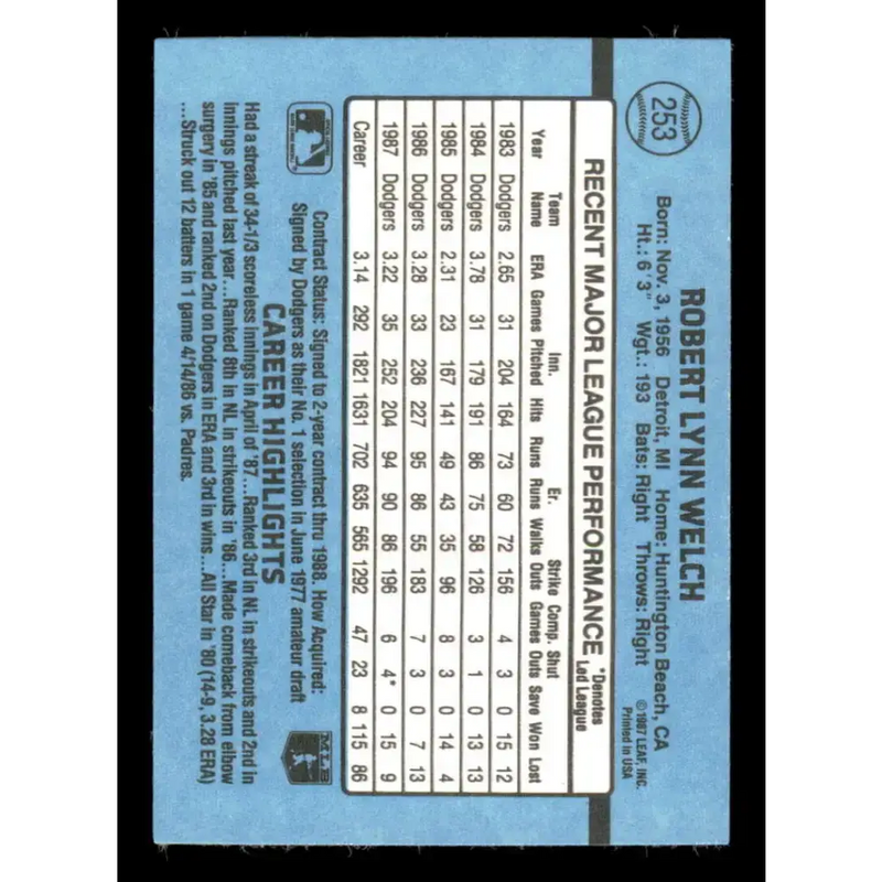 1988 Donruss #253 Bob Welch EX Los Angeles Dodgers Baseball Card - Baseball Card Single