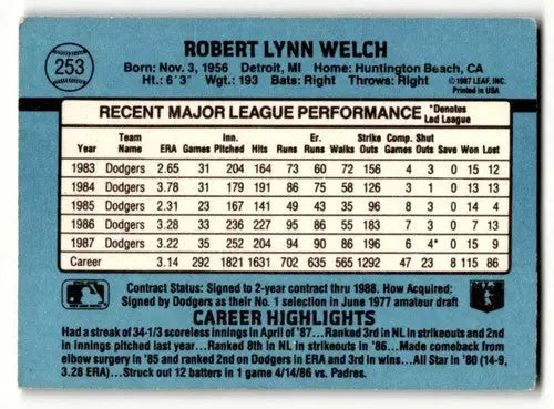 1988 Donruss #253 Bob Welch Los Angeles Dodgers Baseball Cards EX/NM ID:55389 - Baseball Card Single
