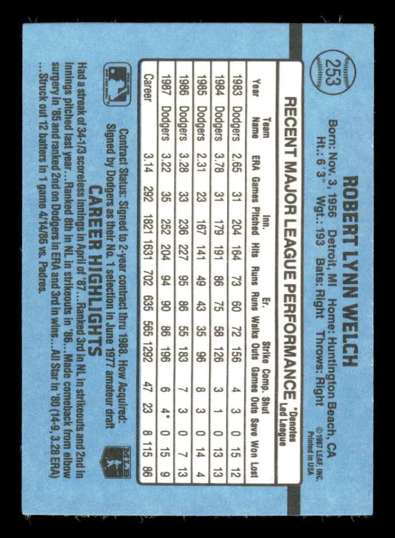 1988 Donruss #253 Bob Welch NM-MT Los Angeles Dodgers Baseball Card - Baseball Card Single