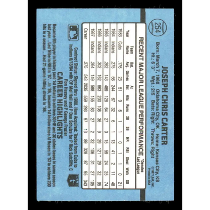 1988 Donruss #254 Joe Carter EX Cleveland Indians Baseball Card Image 2