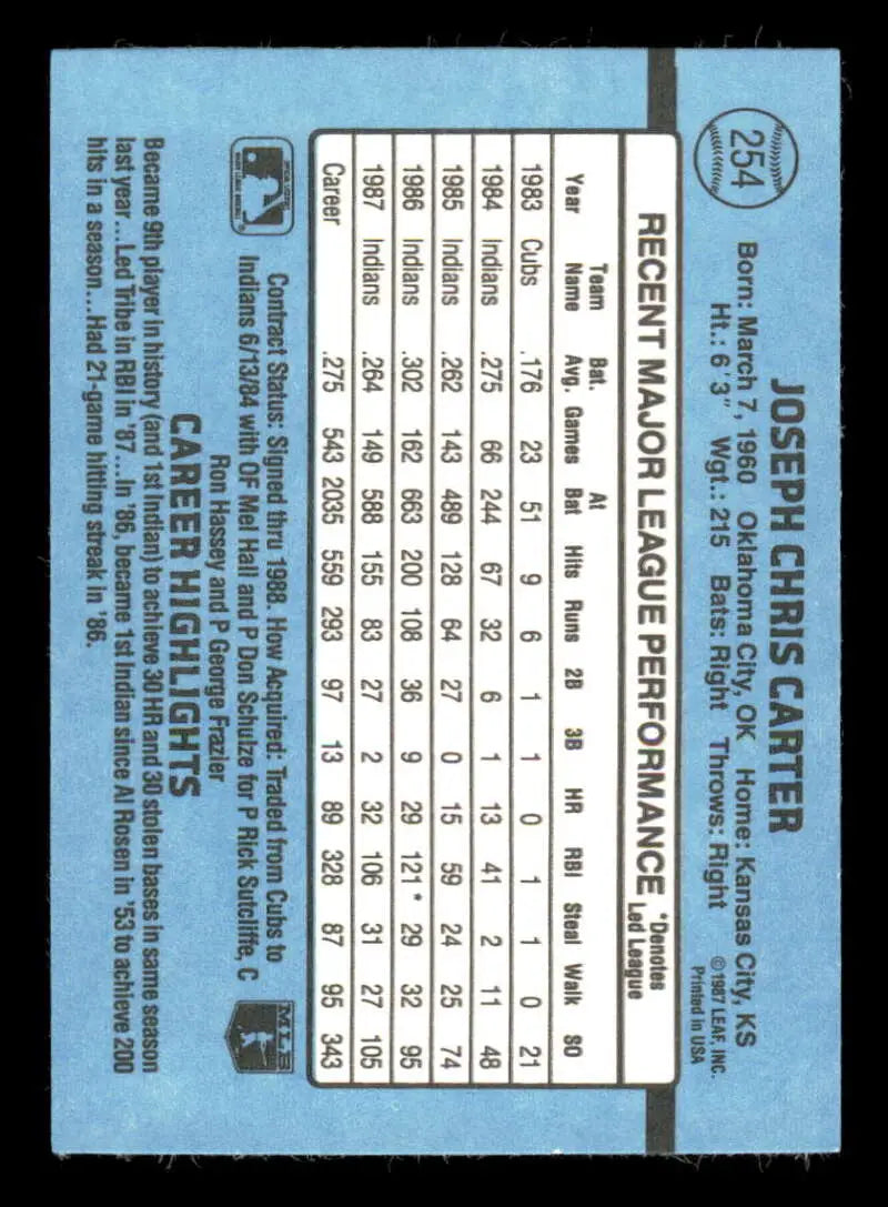 1988 Donruss #254 Joe Carter NM-MT Cleveland Indians Baseball Card - Baseball Card Single