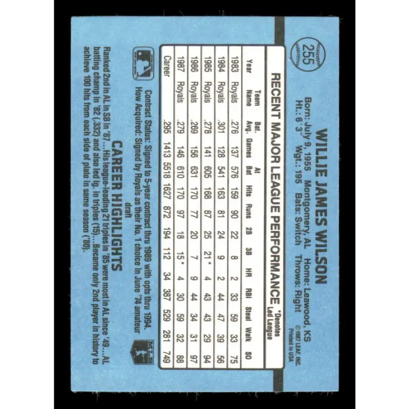 1988 Donruss #255 Willie Wilson EX Kansas City Royals Baseball Card - Baseball Card Single