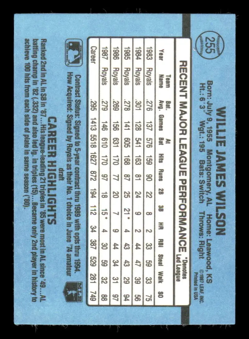 1988 Donruss #255 Willie Wilson NM-MT Kansas City Royals Baseball Card - Baseball Card Single