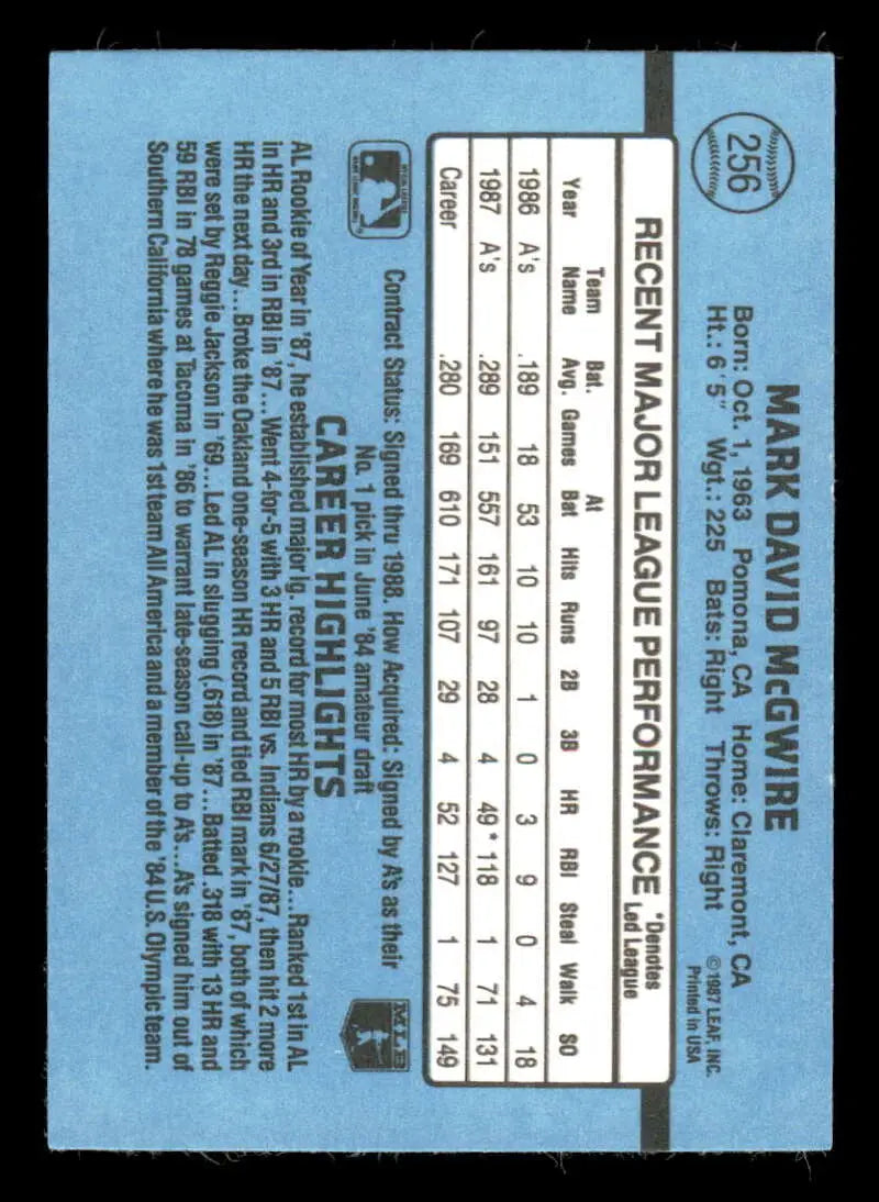1988 Donruss #256 Mark McGwire NM-MT Oakland Athletics Baseball Card - Baseball Card Single