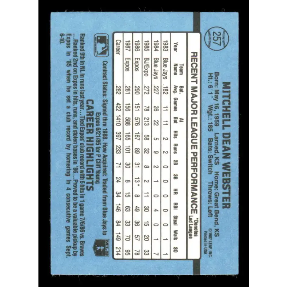 1988 Donruss #257 Mitch Webster EX Montreal Expos Baseball Card - Baseball Card Single