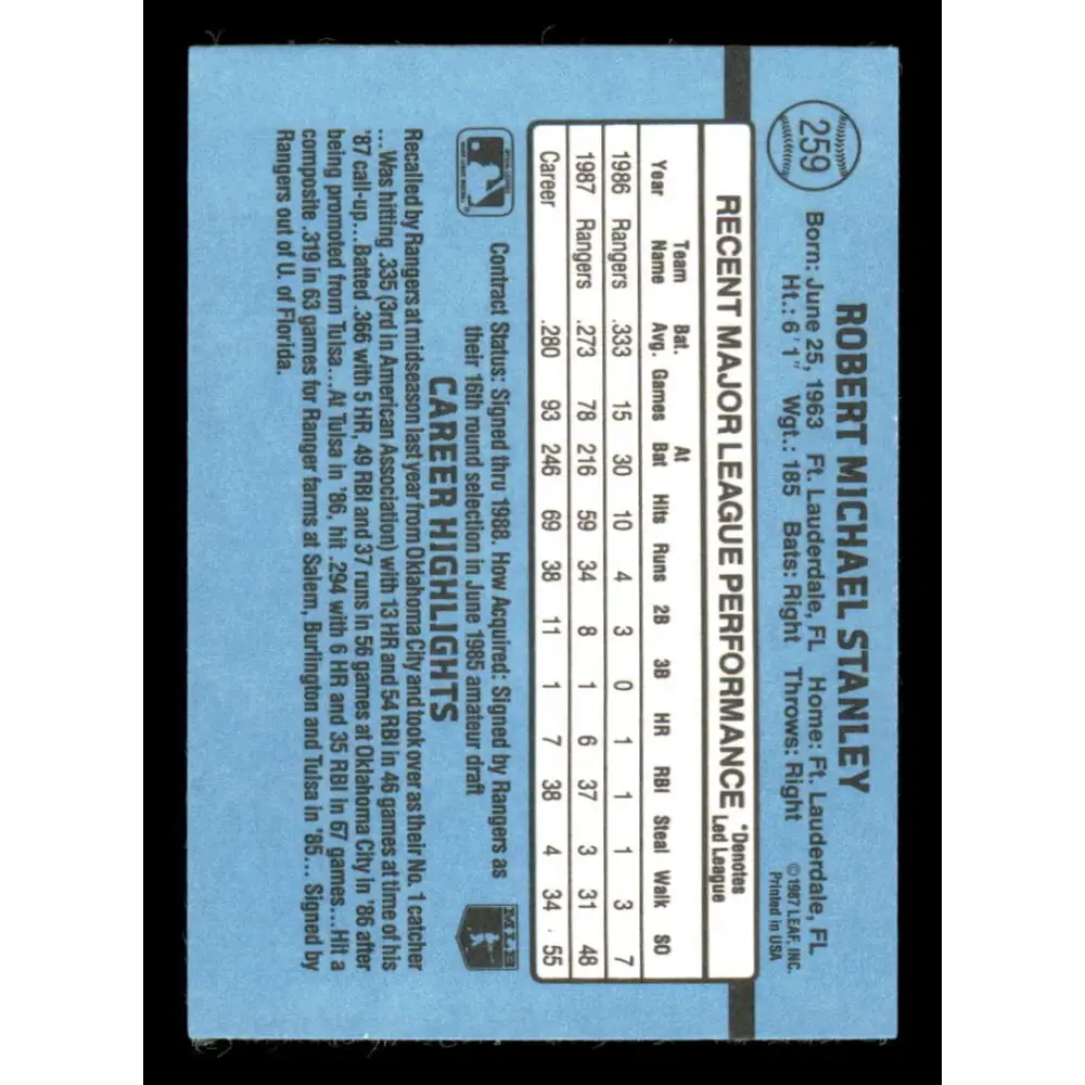 1988 Donruss #259 Mike Stanley EX Texas Rangers Baseball Card Image 2