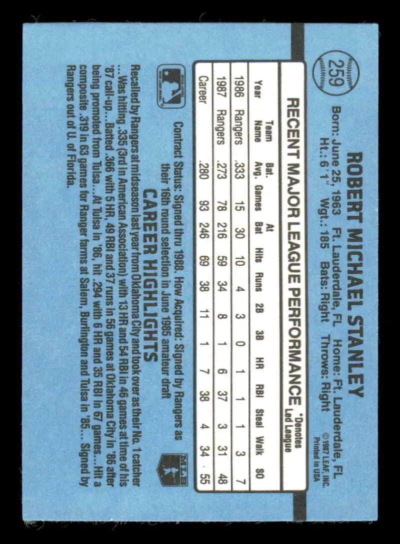 1988 Donruss #259 Mike Stanley NM-MT Texas Rangers Baseball Card - Baseball Card Single
