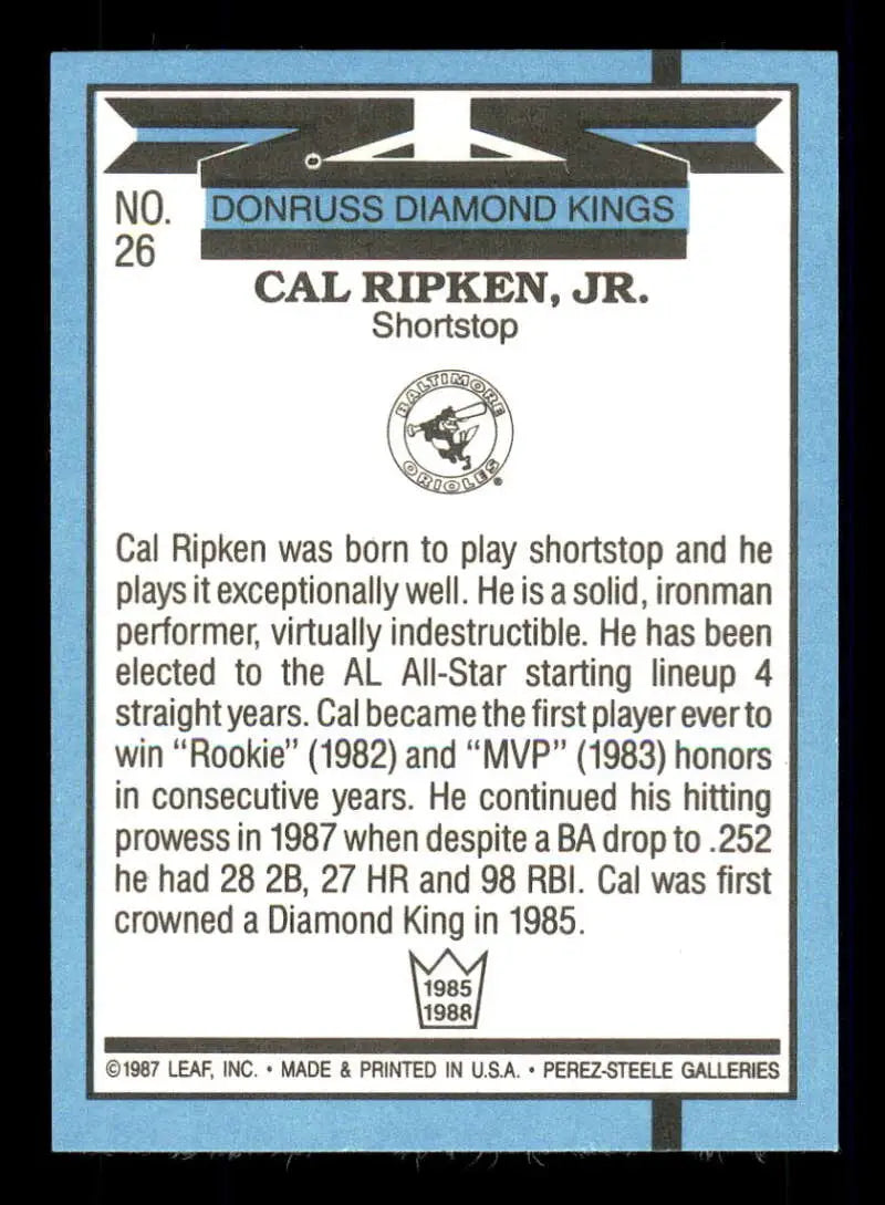 1988 Donruss #26 Cal Ripken Jr. NM-MT Baltimore Orioles Baseball Card - Baseball Card Single