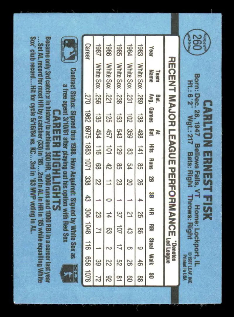 1988 Donruss #260 Carlton Fisk NM-MT Chicago White Sox Baseball Card - Baseball Card Single