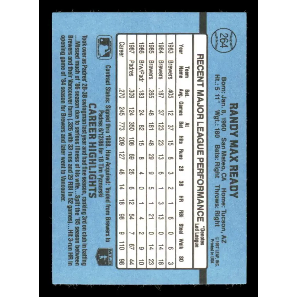 1988 Donruss #264 Randy Ready EX San Diego Padres Baseball Card Image 2