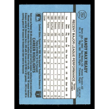 1988 Donruss #264 Randy Ready EX San Diego Padres Baseball Card Image 2