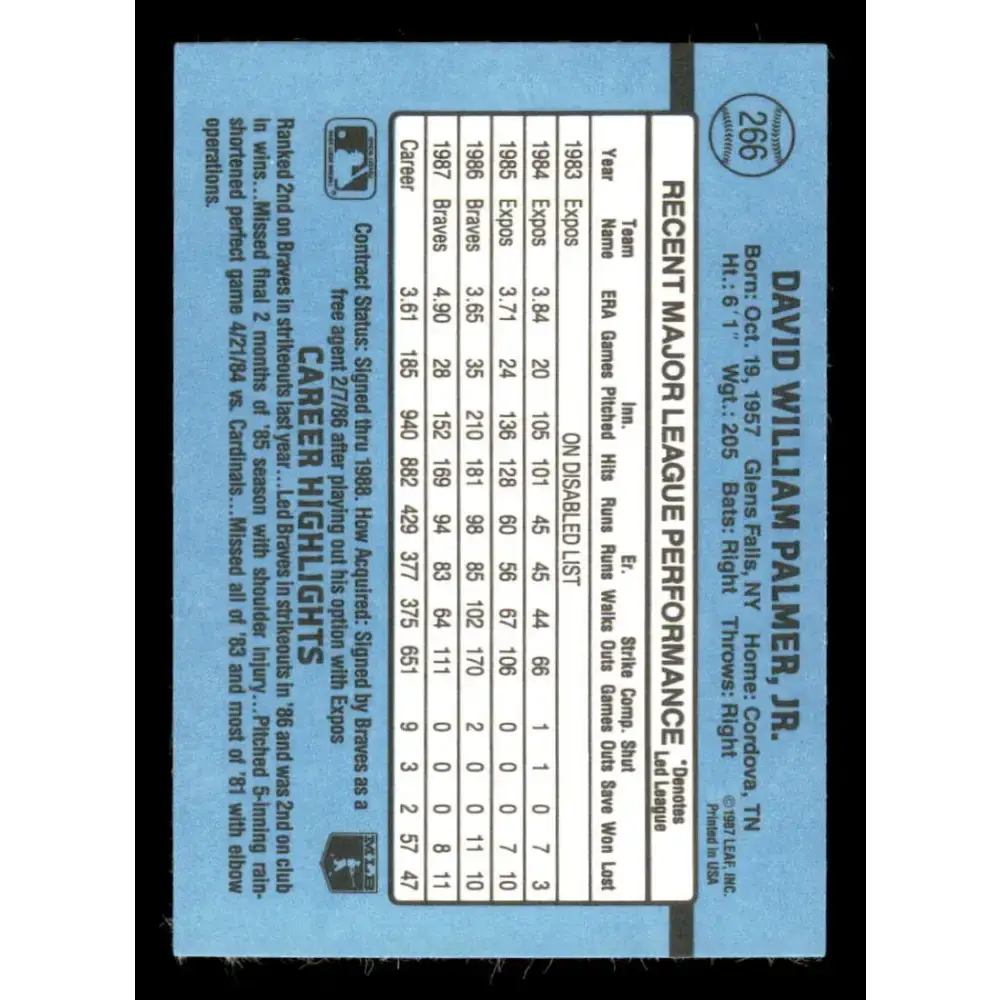 1988 Donruss #266 David Palmer EX Atlanta Braves Baseball Card - Baseball Card Single