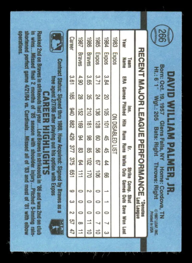 1988 Donruss #266 David Palmer NM-MT Atlanta Braves Baseball Card - Baseball Card Single