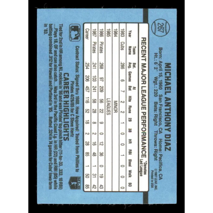 1988 Donruss #267 Mike Diaz EX Pittsburgh Pirates Baseball Card Image 2