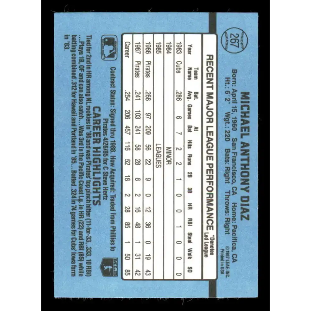 1988 Donruss #267 Mike Diaz EX Pittsburgh Pirates Baseball Card - Baseball Card Single