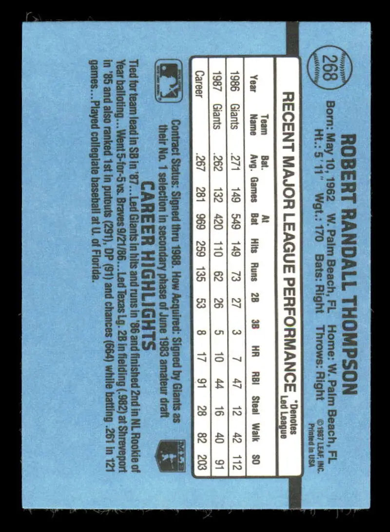 1988 Donruss #268 Robby Thompson NM-MT San Francisco Giants Baseball Card - Baseball Card Single