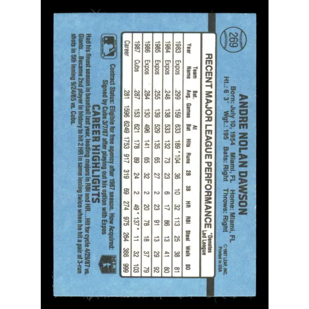 1988 Donruss #269 Andre Dawson EX Chicago Cubs Baseball Card - Baseball Card Single