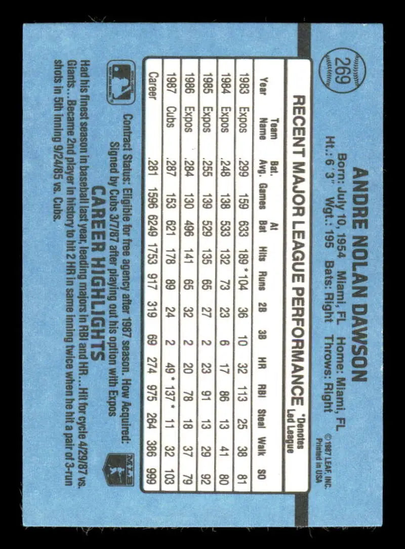 1988 Donruss #269 Andre Dawson NM-MT Chicago Cubs Baseball Card - Baseball Card Single