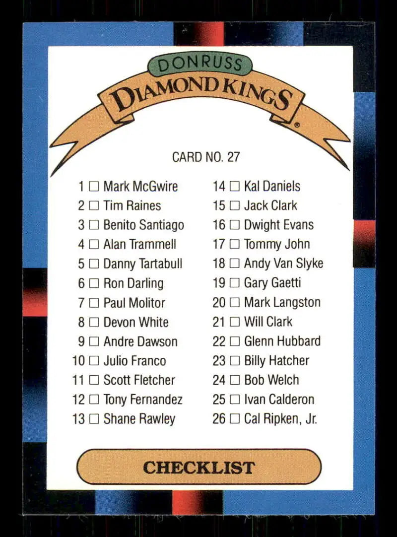 1988 Donruss #27 Diamond Kings Checklist 1-26 NM-MT Baseball Card - Baseball Card Single