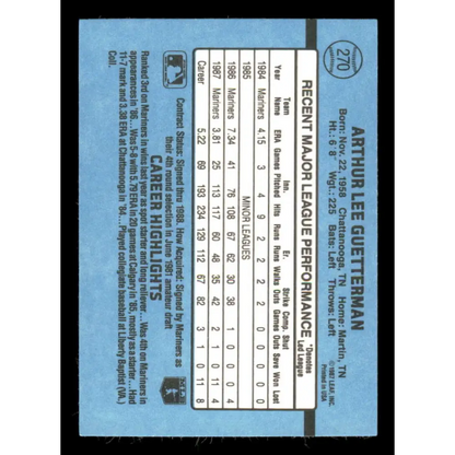 1988 Donruss #270 Lee Guetterman EX Seattle Mariners Baseball Card Image 2