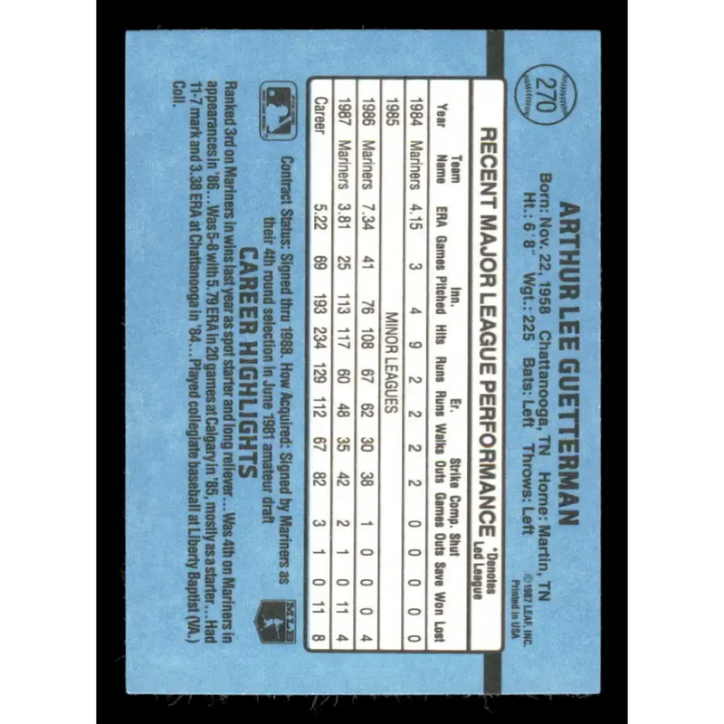 1988 Donruss #270 Lee Guetterman EX Seattle Mariners Baseball Card - Baseball Card Single