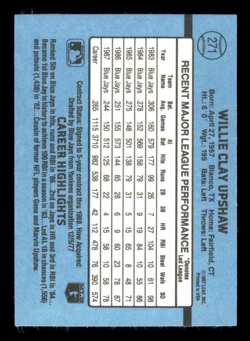 1988 Donruss #271 Willie Upshaw NM-MT Toronto Blue Jays Baseball Card - Baseball Card Single