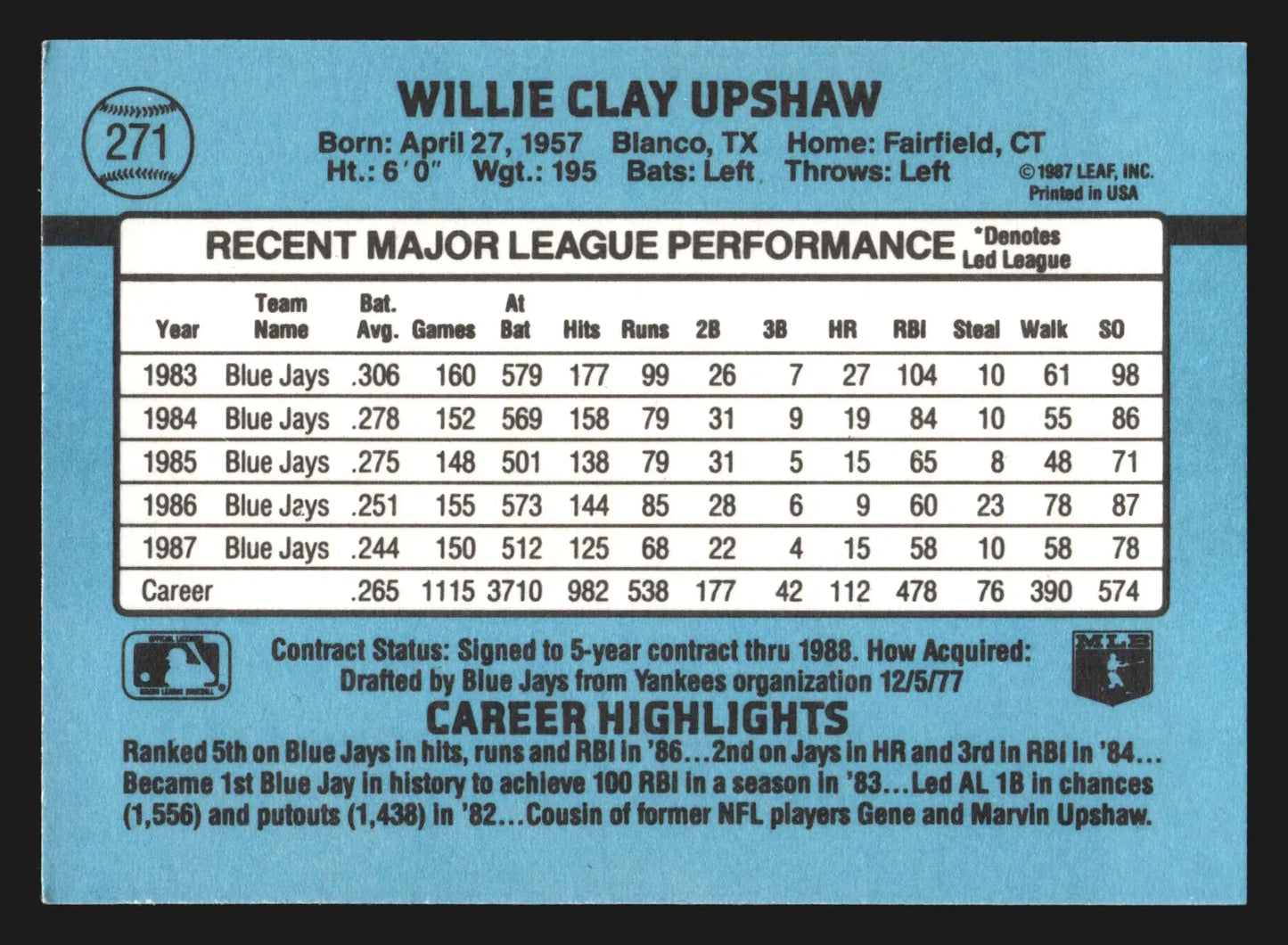 1988 Donruss #271 Willie Upshaw Toronto Blue Jays