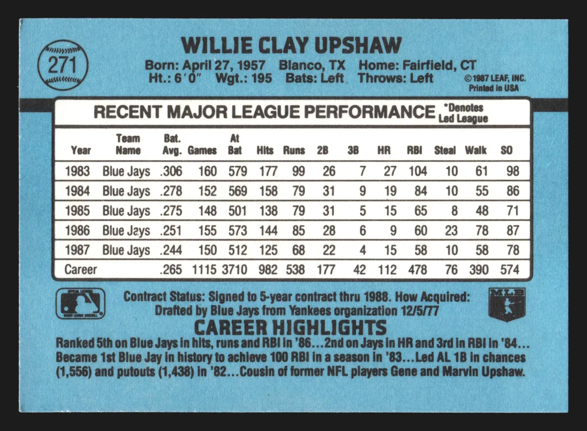 1988 Donruss #271 Willie Upshaw Toronto Blue Jays