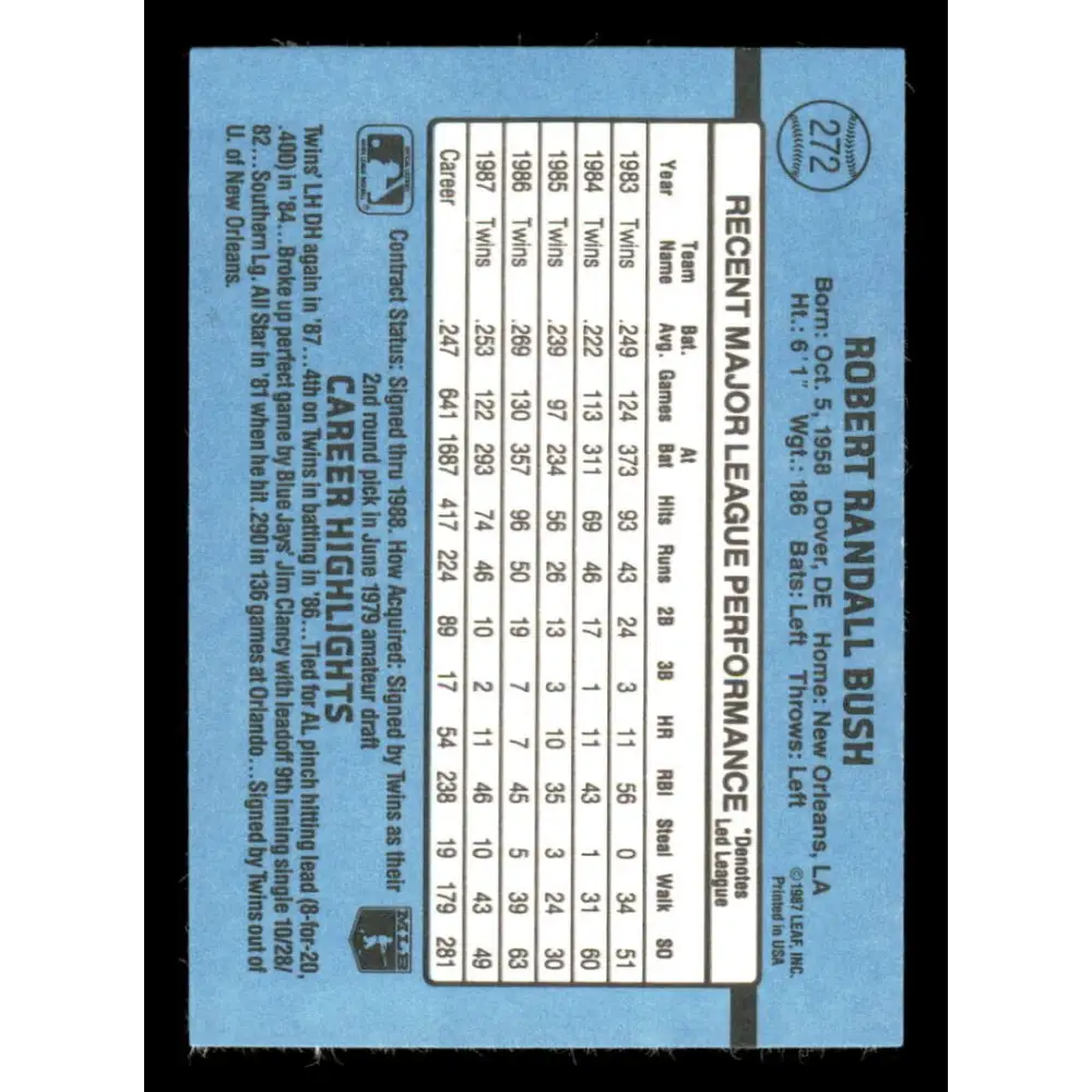 1988 Donruss #272 Randy Bush EX Minnesota Twins Baseball Card Image 2