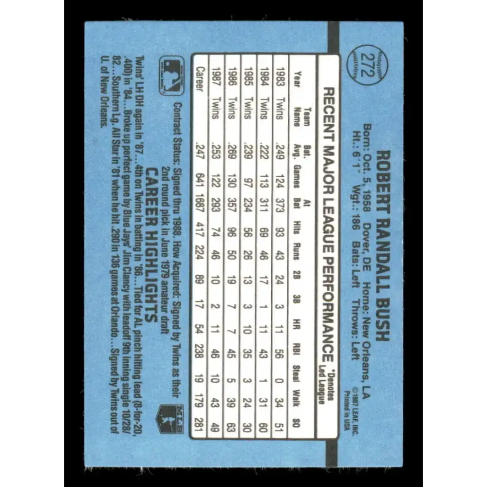 1988 Donruss #272 Randy Bush EX Minnesota Twins Baseball Card - Baseball Card Single