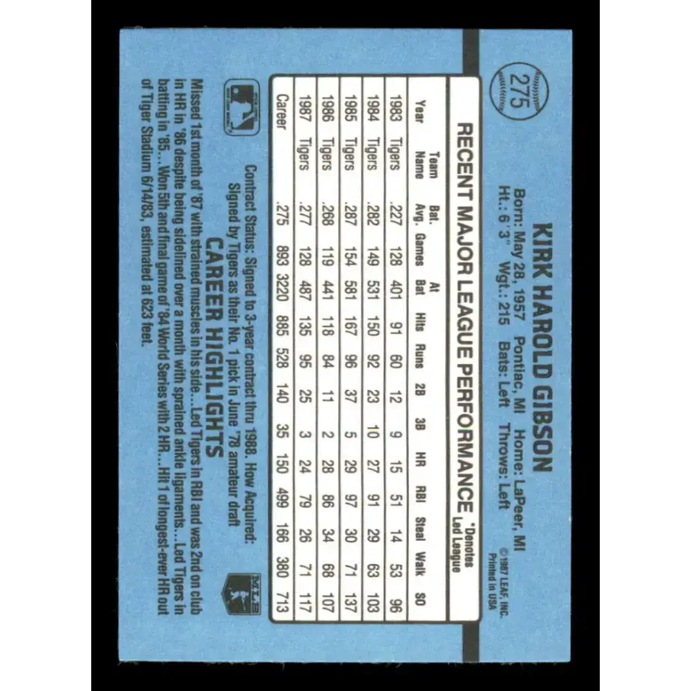 1988 Donruss #275 Kirk Gibson EX Detroit Tigers Baseball Card