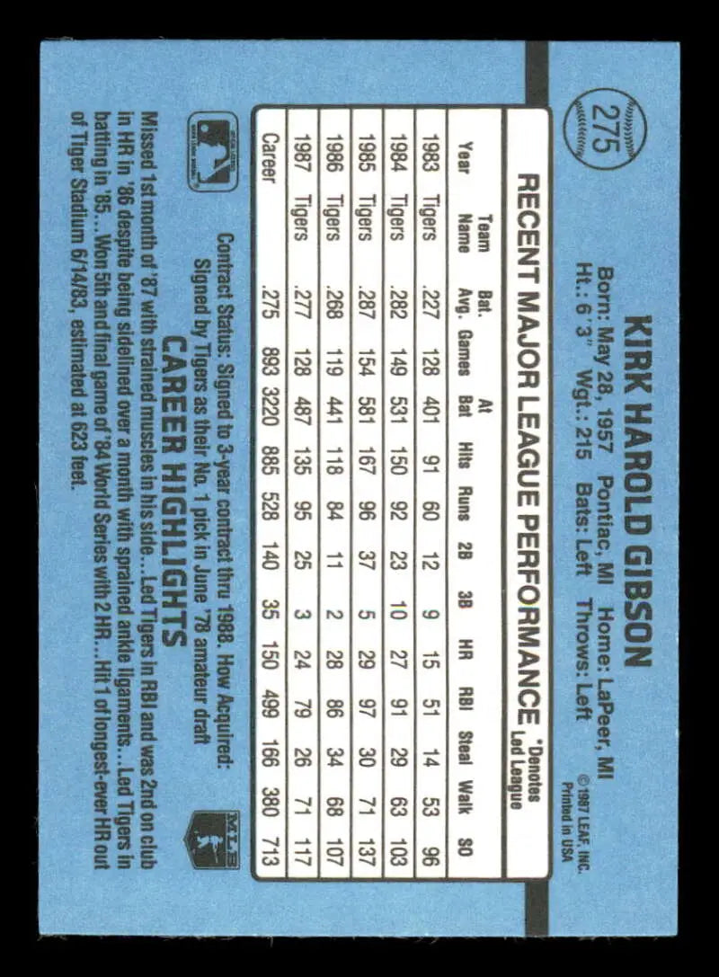 1988 Donruss #275 Kirk Gibson NM-MT Detroit Tigers Baseball Card - Baseball Card Single