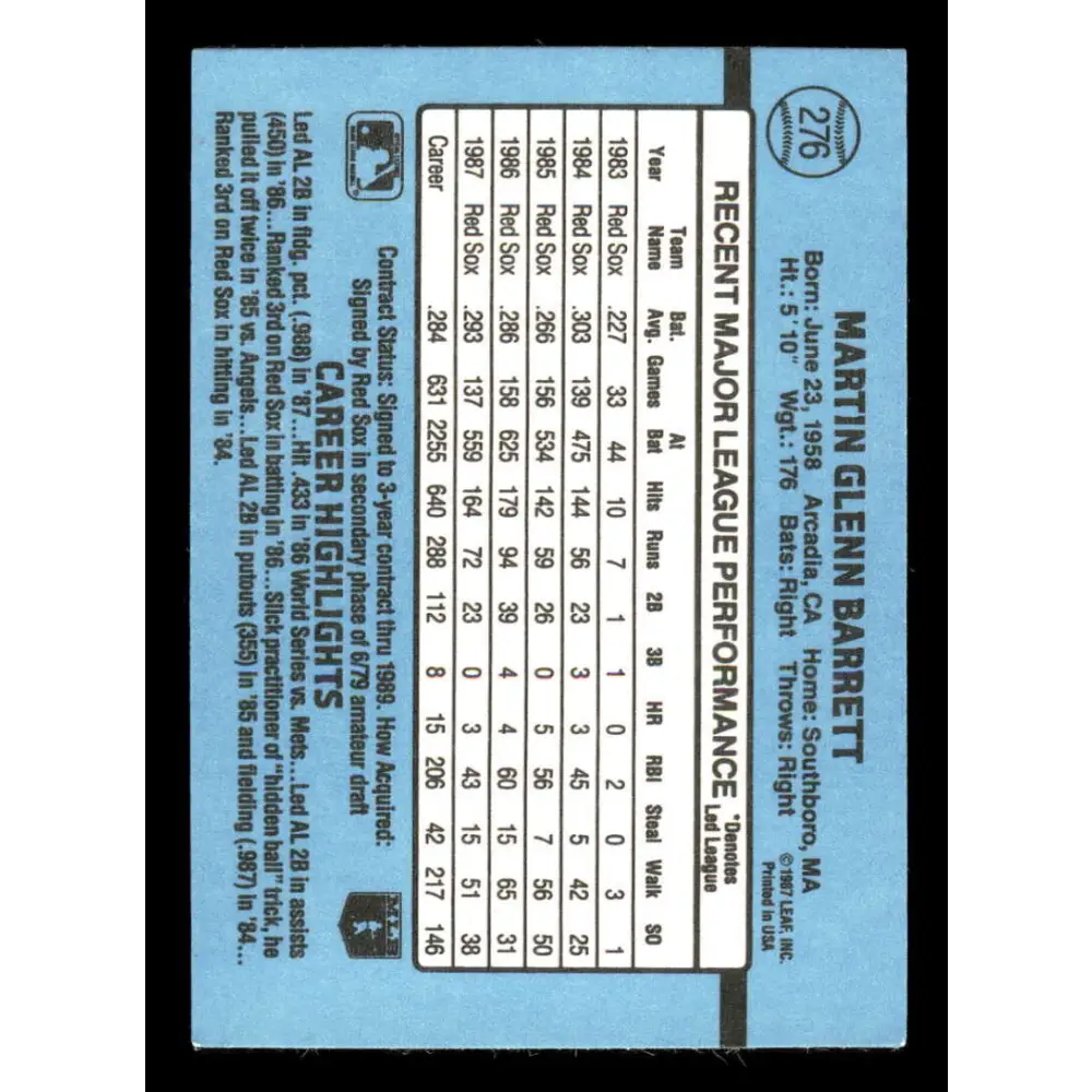 1988 Donruss #276 Marty Barrett EX Boston Red Sox Baseball Card Image 2