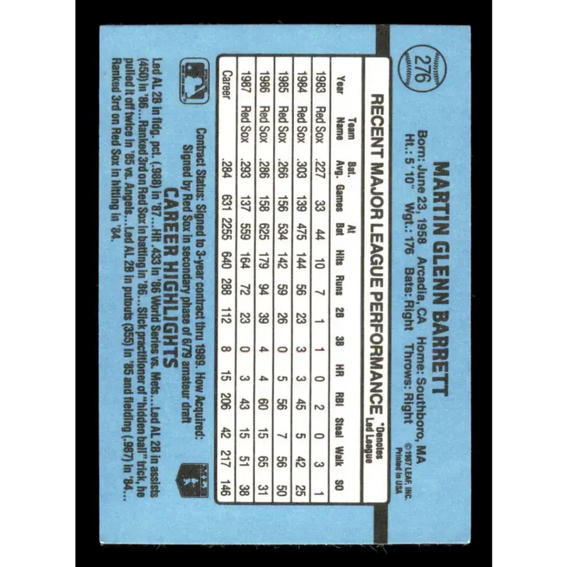 1988 Donruss #276 Marty Barrett EX Boston Red Sox Baseball Card - Baseball Card Single