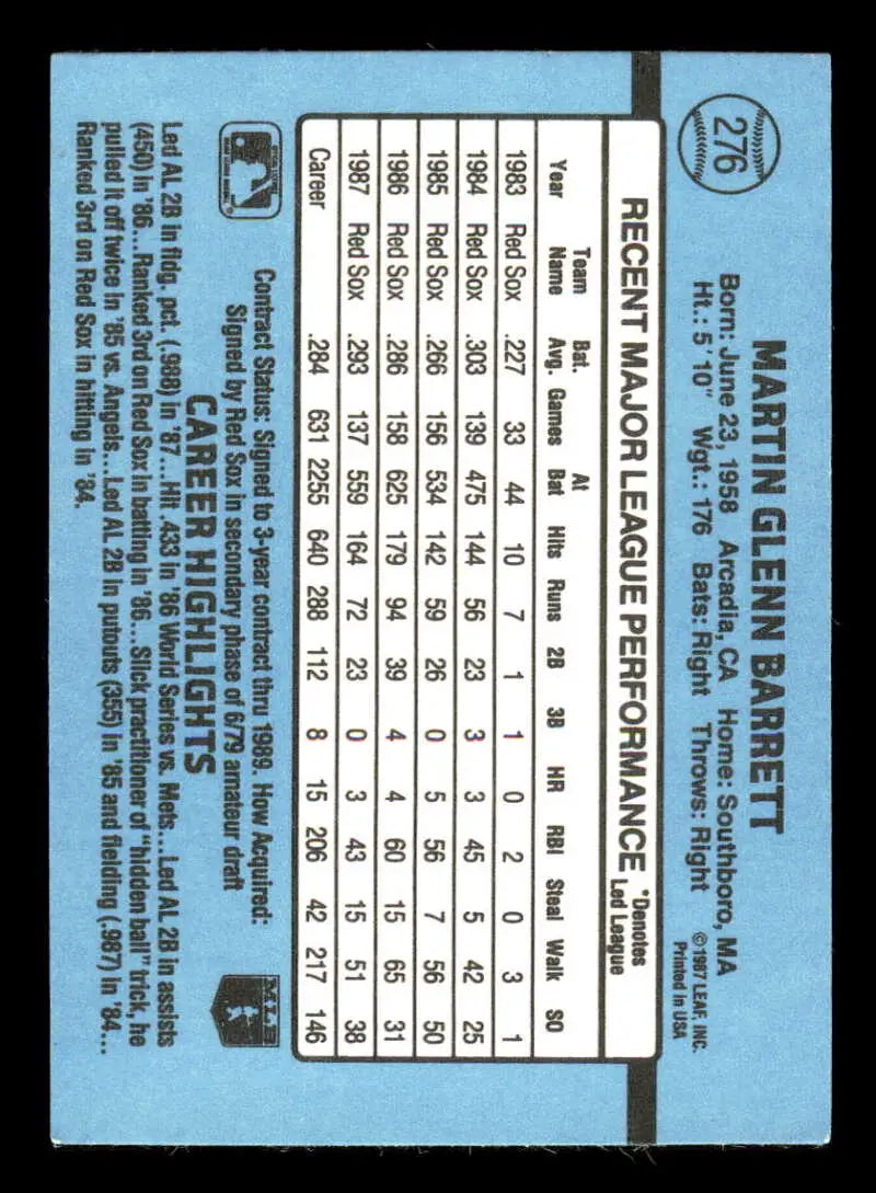 1988 Donruss #276 Marty Barrett NM-MT Boston Red Sox Baseball Card - Baseball Card Single