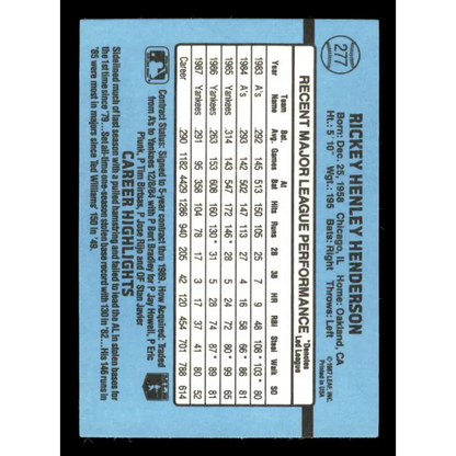 1988 Donruss #277 Rickey Henderson EX New York Yankees Baseball Card