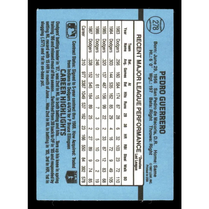 1988 Donruss #278 Pedro Guerrero EX Los Angeles Dodgers Baseball Card Image 2